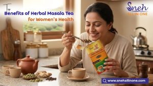 Woman enjoying a cup of herbal masala tea while holding Sneh All in One tea pack, highlighting the benefits of herbal masala tea for women’s health.