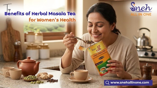 Woman enjoying a cup of herbal masala tea while holding Sneh All in One tea pack, highlighting the benefits of herbal masala tea for women’s health.