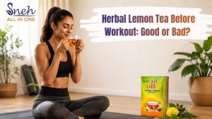 Woman drinking herbal lemon tea before a workout, highlighting it as a natural pre-workout beverage.