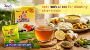 Herbal lemon tea for bloating after meals with ginger, fennel, and lemon to support healthy digestion.