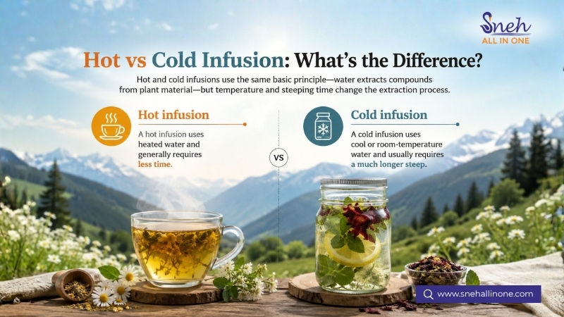 Hot vs cold infusion comparison showing differences in temperature and steeping time