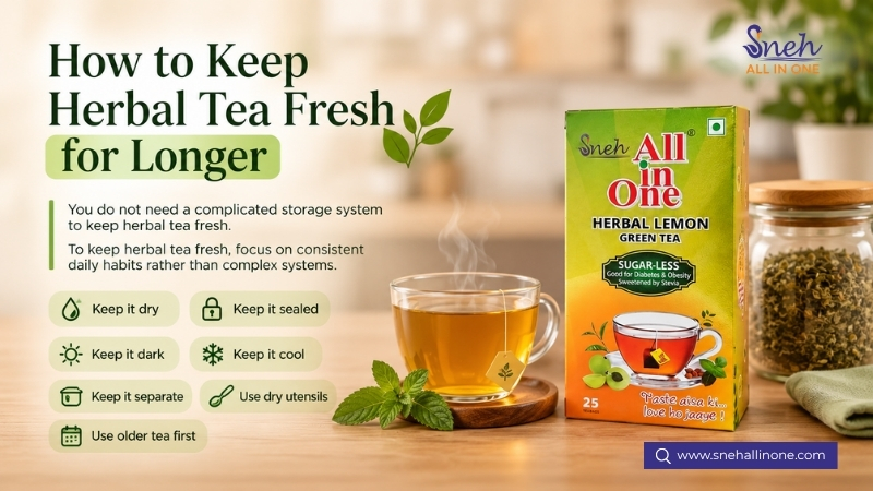 Infographic showing tips to keep herbal tea fresh, featuring Sneh All in One Herbal Lemon Green Tea box beside a steaming cup of tea with mint leaves and a glass jar of loose tea.