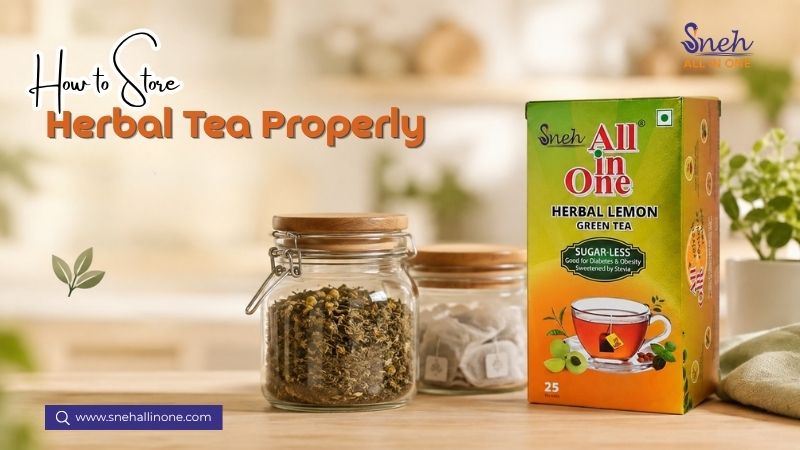 How to store herbal tea properly using an airtight glass jar and sealed herbal tea packaging.
