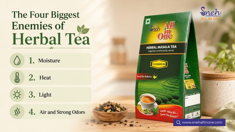 Infographic listing the four biggest enemies of herbal tea — moisture, heat, light, and air/odors — next to Sneh All in One Herbal Masala Tea with cardamom, loose tea leaves, and a cup of masala chai.