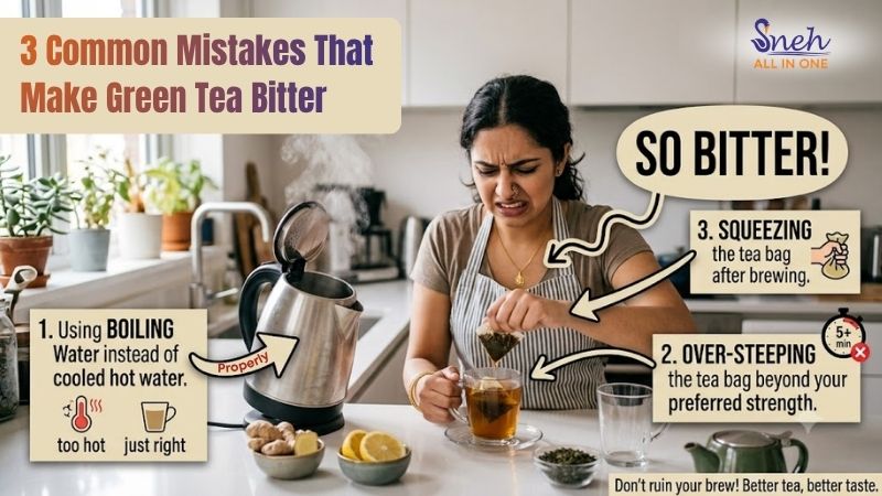 3 common mistakes that make green tea bitter, including boiling water, over-steeping, and squeezing the tea bag