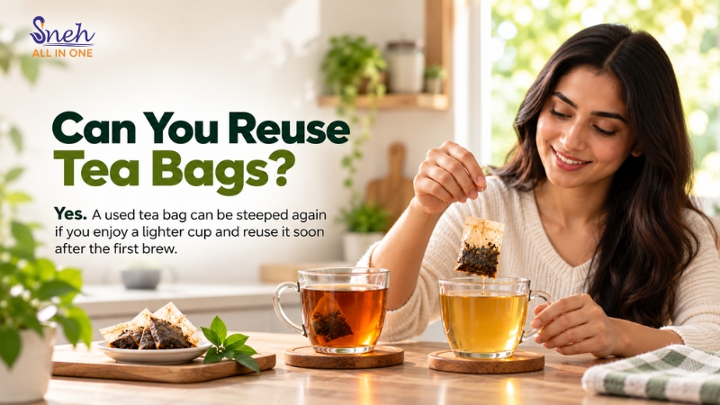 Woman in a kitchen dipping a used tea bag into a second cup to brew a lighter second cup