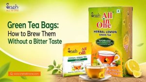 Green tea bags and lemon green tea shown with instructions for brewing without a bitter taste