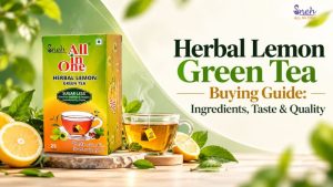 Sneh All in One Herbal Lemon Green Tea box with a steaming glass cup of tea, fresh lemon halves, and green leaves, under the title "Herbal Lemon Green Tea Buying Guide