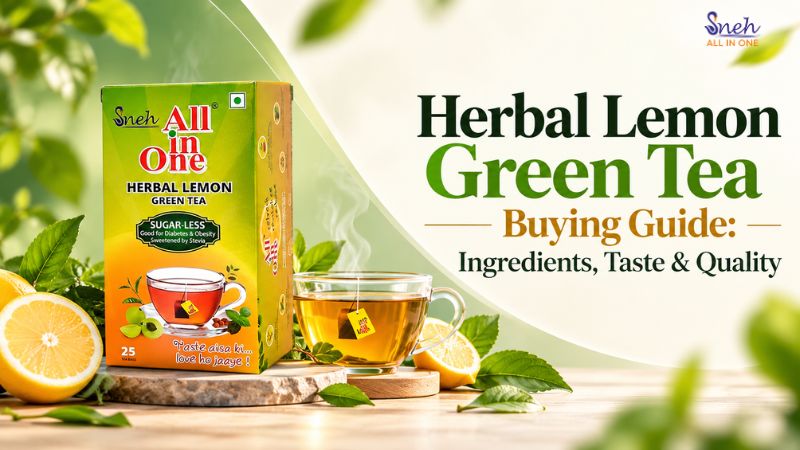 Sneh All in One Herbal Lemon Green Tea box with a steaming glass cup of tea, fresh lemon halves, and green leaves, under the title "Herbal Lemon Green Tea Buying Guide