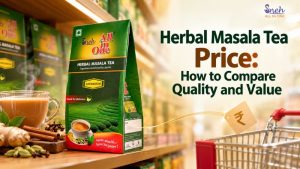 Sneh All in One Herbal Masala Tea pack on a store shelf beside a cup of masala tea and whole spices, with a rupee price tag leading to a shopping cart