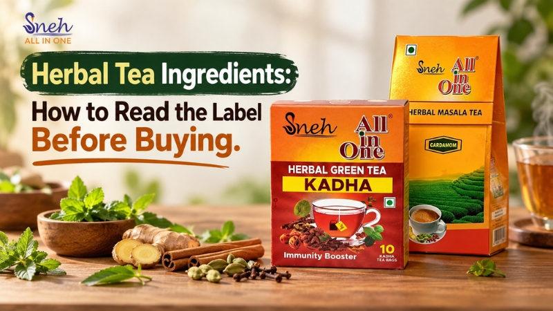 Sneh All in One Herbal Green Tea Kadha and Herbal Masala Tea boxes with spices, text on reading tea labels