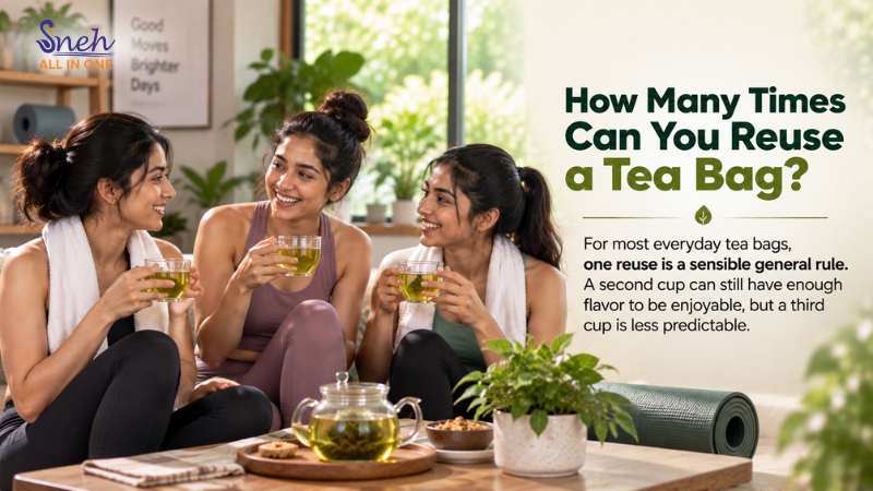 Three women relaxing on a couch drinking green tea, with text asking how many times a tea bag can be reused