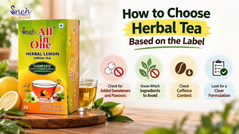 Sneh Herbal Lemon Green Tea box with 4 tips for choosing herbal tea based on the label
