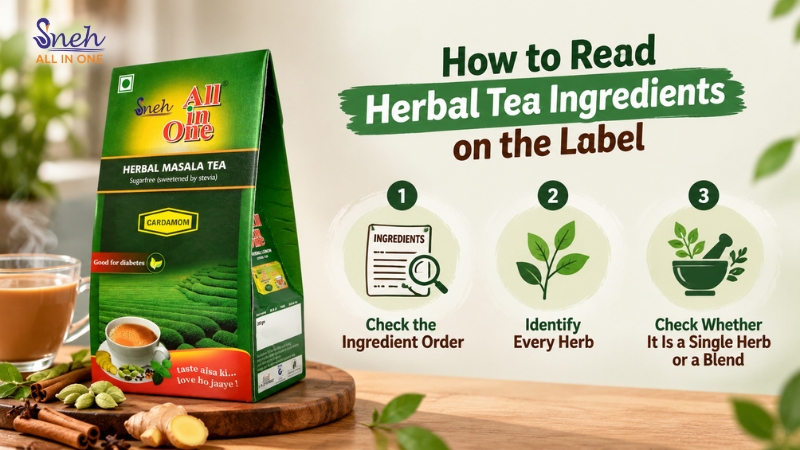 Sneh Herbal Masala Tea box with 3 steps to read herbal tea ingredients on the label