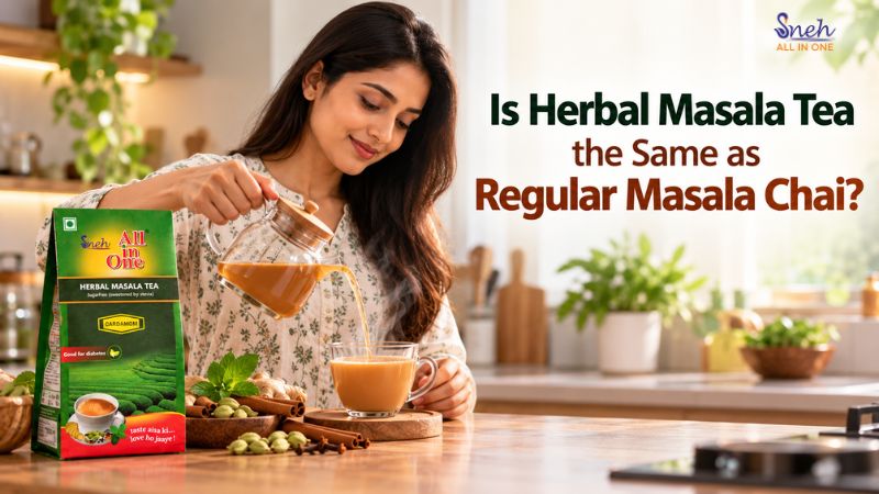 Woman smiling as she pours masala tea from a glass teapot into a cup beside a Sneh All in One Herbal Masala Tea pack, with the text "Is Herbal Masala Tea the Same as Regular Masala Chai?