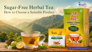 Sugar-free herbal lemon green tea with tea bags, lemon, mint, and product packaging from Sneh All In One