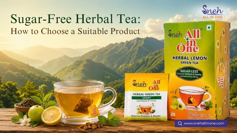 Sugar-free herbal lemon green tea with tea bags, lemon, mint, and product packaging from Sneh All In One