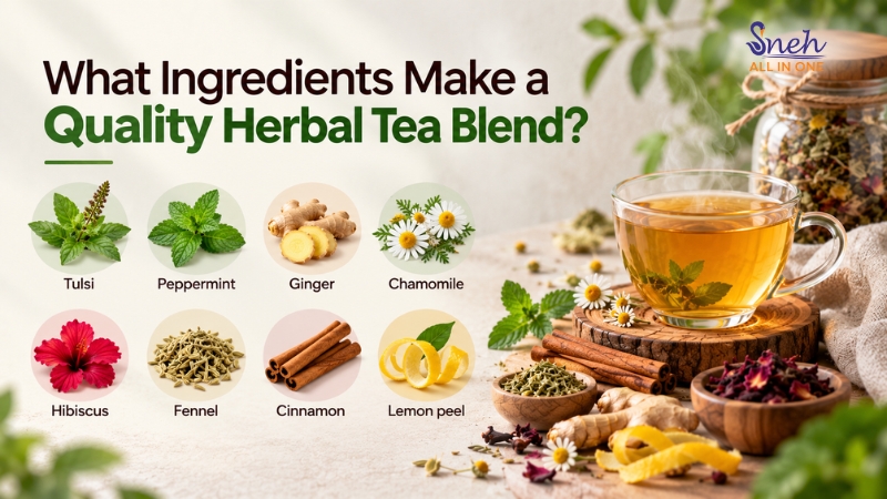 8 herbal tea ingredients grid: tulsi, peppermint, ginger, chamomile, hibiscus, fennel, cinnamon, lemon peel