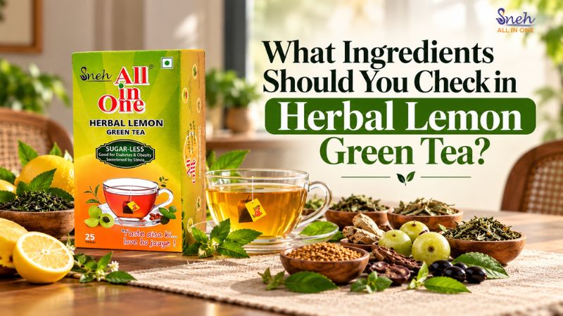 Sneh All in One Herbal Lemon Green Tea box beside a glass cup of tea, lemons, and bowls of herbs, amla, and spices, with the text "What Ingredients Should You Check in Herbal Lemon Green Tea?