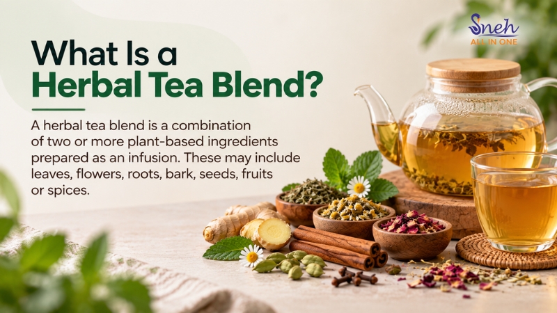 Glass teapot and cup of herbal tea with bowls of dried herbs; text defining a herbal tea blend