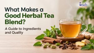 Cup of herbal tea with mint, cinnamon, cardamom, and ginger; guide to good tea blend ingredients