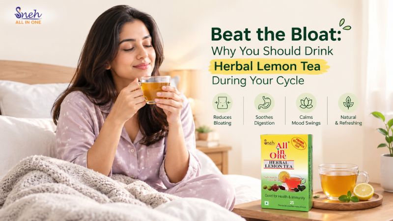 Woman in lavender pajamas sitting in bed, smiling with her eyes closed while holding a glass cup of herbal lemon tea, with a box of Sneh All in One Herbal Lemon Tea and a cup with lemon slice on the bedside table.