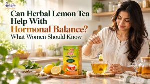 A woman dunking a tea bag into a glass cup of herbal lemon tea in a sunny kitchen, with a box of Sneh All In One Herbal Lemon Green Tea, fresh lemons and herbs in the foreground. Title reads “Can Herbal Lemon Tea Help With Hormonal Balance? What Women Should Know.