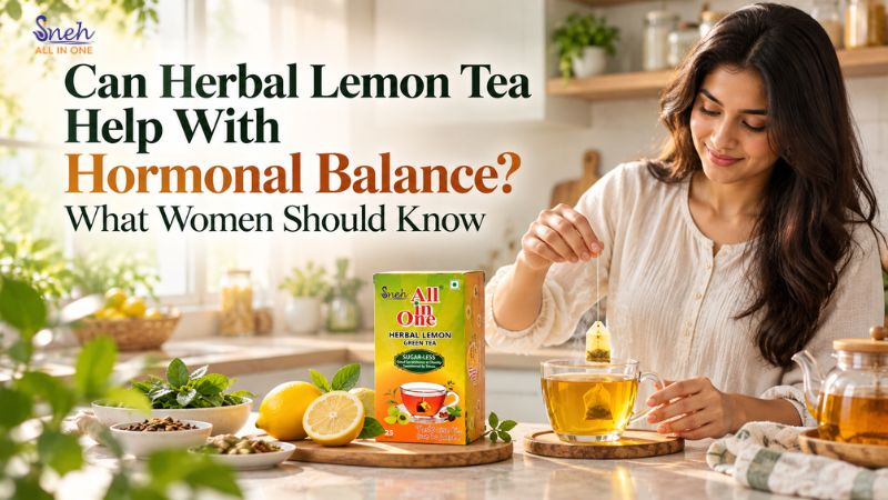 A woman dunking a tea bag into a glass cup of herbal lemon tea in a sunny kitchen, with a box of Sneh All In One Herbal Lemon Green Tea, fresh lemons and herbs in the foreground. Title reads “Can Herbal Lemon Tea Help With Hormonal Balance? What Women Should Know.