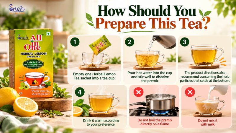 Infographic titled “How Should You Prepare This Tea?” showing six steps: empty one sachet into a cup, pour hot water and stir, consume the herb particles that settle at the bottom, drink warm, do not boil the premix on a flame, and do not mix with milk.