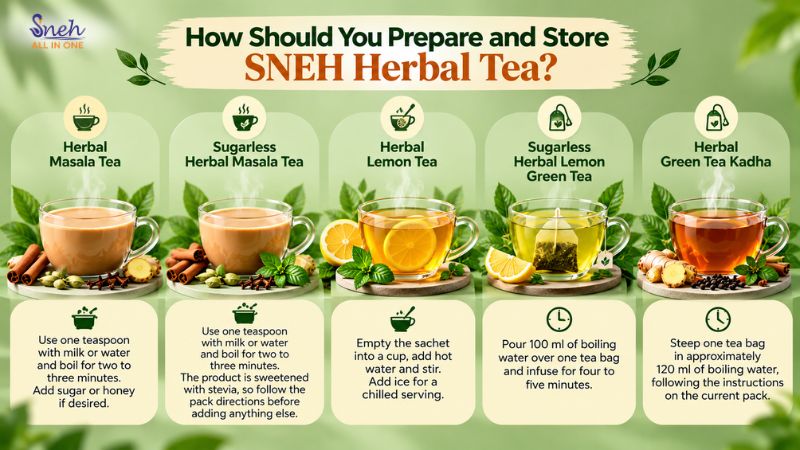 Infographic showing five SNEH herbal teas in glass cups with preparation steps, titled “How Should You Prepare and Store SNEH Herbal Tea?”