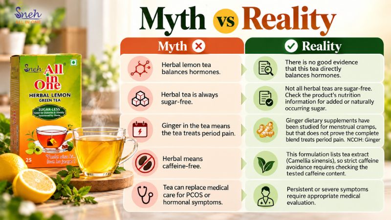 Myth vs Reality infographic comparing five common claims about herbal lemon tea with the facts, covering hormone balance, sugar content, ginger and period pain, caffeine, and replacing medical care. Sneh All In One tea box and a cup of tea appear on the left.