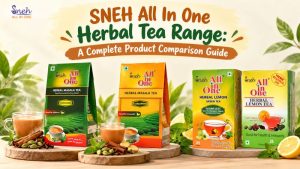 Four SNEH All In One herbal tea boxes (two Herbal Masala Tea packs, Herbal Lemon Green Tea, and Herbal Lemon Tea) beside cups of tea, whole spices, and lemons, under the title “SNEH All In One Herbal Tea Range: A Complete Product Comparison Guide.