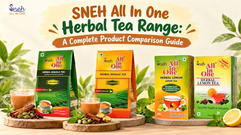 Four SNEH All In One herbal tea boxes (two Herbal Masala Tea packs, Herbal Lemon Green Tea, and Herbal Lemon Tea) beside cups of tea, whole spices, and lemons, under the title “SNEH All In One Herbal Tea Range: A Complete Product Comparison Guide.