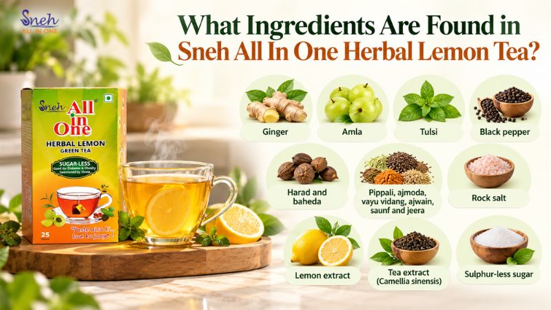 Infographic titled “What Ingredients Are Found in Sneh All In One Herbal Lemon Tea?” showing ten ingredient groups: ginger, amla, tulsi, black pepper, harad and baheda, a spice blend, rock salt, lemon extract, tea extract (Camellia sinensis) and sulphur-less sugar.
