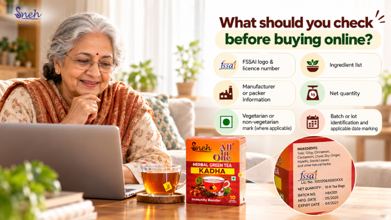 Elderly woman browsing on a laptop with a kadha tea box nearby, with a checklist of label details to verify before buying online.