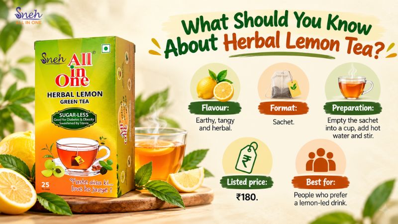 SNEH All In One Herbal Lemon Green Tea box with a glass cup of tea and lemons, alongside icons for flavour, format, preparation, listed price (₹180), and best for, under the heading “What Should You Know About Herbal Lemon Tea?”