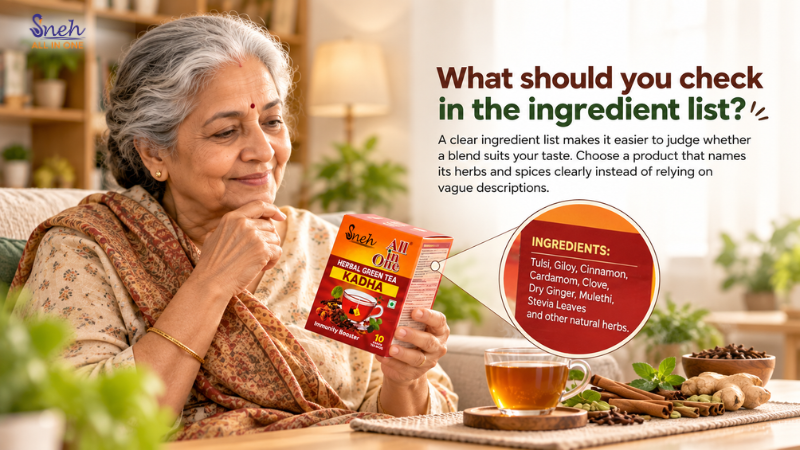 Elderly woman reading a Sneh herbal kadha tea box, with a zoomed-in ingredient list showing tulsi, giloy, cinnamon and other herbs.