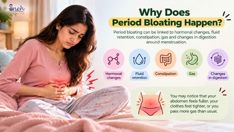 Woman in a pink top sitting on a bed, frowning and holding her lower abdomen in discomfort, with icons showing causes of period bloating.